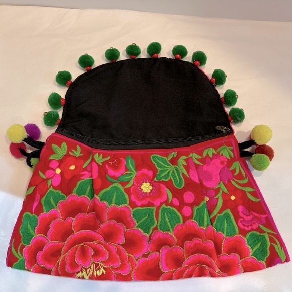 Island Flower Embroidered Colorful Clutch with Pom Pom Ball Tassels - Picture 4 of 5